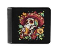 Day of The Dead Skull Beer Leather Men's Bifold Wallet Minimalist Coin Purse with Hidden Slots Simple Credit Card Holder Gifts