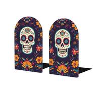 Day Of The Dead Skull Book Ends 1 Pair Skeleton Flower Wooden Bookends for Shelves Heavy Duty Bookshelf Holder with Anti Slip Base, Book Stopper for Home Office Library