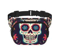 Day of The Dead Skull Double Layer Waist Bag Pack Skeleton Flower Bum Bag Fanny Pack for Men Women, Adjustable Belt Bag for Travel Hiking Running Cycling Festival