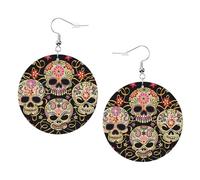 Day Of The Dead Skull Earrings for Women Trendy, Double-Side Printed Leather Faux Earring, Lightweight Circle Earrings