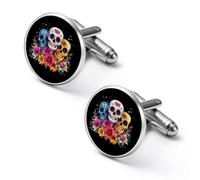 Day of The Dead Skull Flower Shirt Cufflinks Round Cuff Links for Business Wedding Party Father's Day Gift 1.7cm