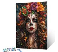 Day of the Dead Skull Flowers Oil Painting Paint by Number Kits 16 x 20 inch Canvas Painting Halloween Woman Portrait DIY Oil Painting for Adults Beginner with Brushes Acrylic Pigment(DIY Frame)
