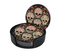 Day Of The Dead Skull Print Coasters For Drinks With Holder Set Of 6, Pu Leather Coasters Drink Coasters Cup Pad Mats