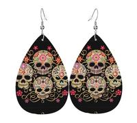 Day Of The Dead Skull Print Leather Dangle Earrings for Women - Lightweight Teardrop Fashion Statement Earrings
