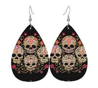 Day Of The Dead Skull Print Leather Earring for Women - Lightweight Dangle Earrings, Fashion Statement Costume Jewelry