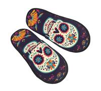 Day Of The Dead Skull Slippers for Women Men Skeleton Flower Non-Slip House Slippers Indoor Comfy Fuzzy Footwear Memory Foam Bedroom Travel Shoes L