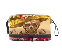 Day of The Dead Skull with Flowers Sombrero Double Layer Cosmetic Bag for Women and Girls, Travel Toiletry Bag Makeup Handy Pouch Organiser Bag with Brush Compartment