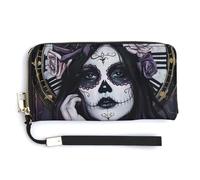 Day of The Dead Skull with Time Leather Wallet Fashion Purse Long Pouch with Wrist Strap for Men Women