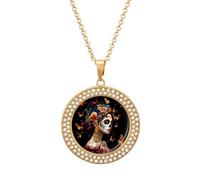 Day of The Dead Skull Woman Monarch Butterfly Pendant Necklace Round Diamond Necklace Golden-Color Jewelry Charms for Women