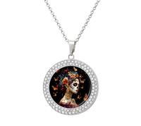 Day of The Dead Skull Woman Monarch Butterfly Pendant Necklace Round Diamond Necklace Silver-Color Jewelry Charms for Women