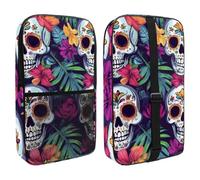 Day of The Dead Skulls with Tropical Flowers Pickleball Paddle Bag with Mesh Pocket, Protable Pickleball Paddle Cover for Women Men