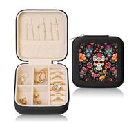 Day Of The Dead Small Jewellery Box Sugar Skull Flower PU Leather Travel Jewellery Organizer for Women Girls Storage Case for Rings Earrings Necklaces Bracelets