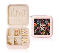 Day Of The Dead Small Jewellery Box Sugar Skull Flower PU Leather Travel Jewellery Organizer for Women Girls Storage Case for Rings Earrings Necklaces Bracelets