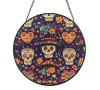 Day of the Dead Stained Glass Window Hanging, 20 cm Round Suncatcher Gift | Sugar Skull Flower Sunlight catcher, ready to hang with chain, for wall or door, indoor bedroom living room kitchen decor
