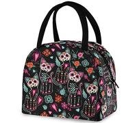Day of The Dead Sugar Cats Reusable Lunch Tote Bag with Front Pocket Zipper Closure Insulated Thermal Cooler Container Bag for Man Women Work Picnic Travel Beach Fishing