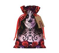 (Day Of The Dead Sugar Roses Skull) Christmas Burlap Gifts Bag With Drawstring Xmas Linen Burlap Gift Candy Pouch For Wedding Party Festival Decorating S