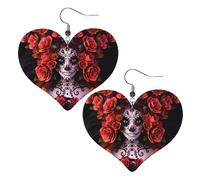 Day Of The Dead Sugar Roses Skull Earrings for Women Trendy, Double-Side Printed Leather Faux Earring, Lightweight Drop Earrings