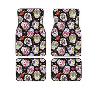 Day of The Dead Sugar Skull Car Front and Rear Floor Mats Universal Deluxe, Complete Set of 4 Carpets, All Weather Trim