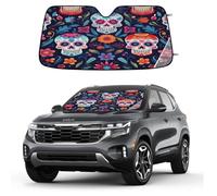 Day of the Dead Sugar Skull Car Windshield Sun Shade, Foldable UV Protection Front Window Sunshade with Suction Cups, Heat Blocking Reflective Sun Visor for Cars SUVs Trucks 139.7 x 70 cm