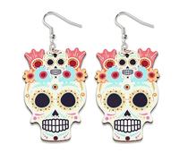 Day of the Dead Sugar Skull Dangle Earrings, Colorful Wooden Mexican Folk Art Design, Lightweight