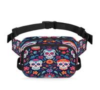 Day of The Dead Sugar Skull Fanny Pack for Women Men, Waterproof Waist Bag with Adjustable Strap Dual Zippers, Lightweight Crossbody Chest Bag for Running Hiking Sports