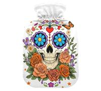 Day of The Dead Sugar Skull Floral Hot Bottle Water Bag with Soft Cover, 2L Hot Compress for Period Cramps