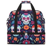 Day of the Dead Sugar Skull Foldable Travel Duffel Bag Expandable Gym Bag with Shoe Compartment Large Capacity Weekender Bag Carry On Tote Bag for Travel Sports Overnight Trips