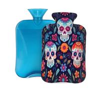 Day of The Dead Sugar Skull Hot Water Bottle with Cover, 2L PVC Hot Water Bag with Soft Cover, Reusable Heating Pad for Pain Relief Warm Hands Waist Abdomen Feet & Bed