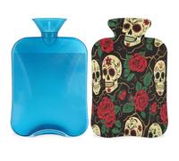 Day of The Dead Sugar Skull Hot Water Bottle with Cover, Rose Skull 2L Hot Water Bag for Pain Relief, Neck Soft and Shoulder, Hand Feet Warmer, Hot and Cold Compress for Adult Kids