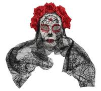 Day of the Dead Sugar Skull Mask with Veil Rose Flower Crown Mexican Mask for Halloween Cosplay Costume Accessory