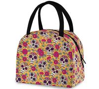 Day of The Dead Sugar Skull Orange Floral Reusable Lunch Tote Bag with Front Pocket Zipper Closure Insulated Cooler Container Bag for Man Women Work Picnic Travel Beach Fishing