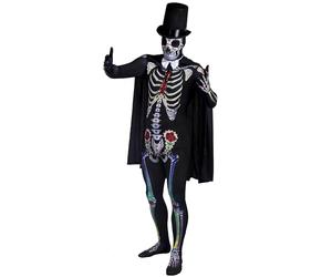 Day Of The Dead Sugar Skull Skeleton Skin Suit Halloween Fancy Dress Costume - With Black Stovepipe Top Hat + White Satin Bowtie + Black Cape - Dia De Los Muertos Mexican Spanish Senor