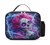 Day of The Dead Sugar Skull Thunder Leather Lunch Bag Insulated Lunchbox Meal Tote Handbags with Detachable Buckled Handle