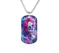 Day of The Dead Sugar Skull Thunder Memorial Necklace Medallion Pendant with Long Chain Stainless Steel Rectangle Dog Tag for Men Women