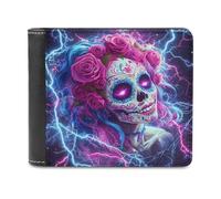 Day of The Dead Sugar Skull Thunder Men's Leather Wallet Casual Slim Bifold Wallet Minimalist Credit Card Holder with Money Clip