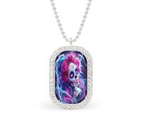 Day of The Dead Sugar Skull Thunder White Shiny Diamond Necklace Square Pendant for Women Jewelry Gift