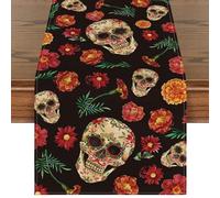 Day of the Dead Table Runner,Skull Day of the Dead Halloween Tablecloth,Dia De Los Muertos Mexican Rustic Linen Day of the Dead Floral Skull Table Runner Halloween Table Cover Hone Kitchen Decoration