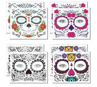 Day of the Dead Tattoo(8 PACK) Halloween Makeup Tattoos Decor Stickers Sugar Skull Temporary Face Tattoo for Halloween Masquerade Party(Floral, Glitter Roses, Web and Floral Skeleton)