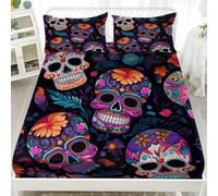 Day Of The Dead Themed Skulls Microfibre Fitted Sheet 3 Piece, Bedding Fitted Sheets Extra Deep 30cm Purple Florals Bedding Sets Soft Elasticity Wrinkle Resistant for Double Bed 150x200 cm