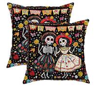 Day of The Dead Throw Pillow Covers Set of 2, Colorful Skeletons Floral Decorative Cushion Cases for Halloween Fall Home Decor Sofa Bed 28x28 Inch