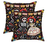 Day of The Dead Throw Pillow Covers Set of 2, Colorful Skeletons Floral Decorative Cushion Cases for Halloween Fall Home Decor Sofa Bed 12x12 Inch