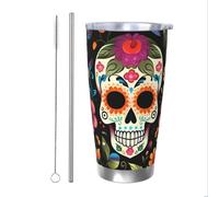 Day of The Dead Tumbler with Straw and Lid Thermal Car Cup Holder Sugar Skull Flower 20OZ Insulated Tumbler Stainless Steel Vacuum Travel Coffee Mug for Hot Cold Drinks