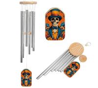 Day of The Dead Vintage Skeleton Wind Chimes Memorial Deep Tone Windchime with 6 Aluminum Tubes Outdoor Backyard Garden Decoration