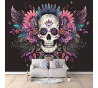Day of The Dead Wallpaper Murals Colorful Feather Flowers Photo Wallpaper 450 × 315 cm / 177.1" × 124" Non-Woven 3D Wall Mural Decoration Poster for Bedroom Living Room TV Backdrop