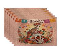 Day of the Dead Whippet Dog Placemats Set of 6, 12''x18'', Skull 6Pcs Washable Table Mats for Home Dinning, Bohemian Holiday Party Kitchen Decoration