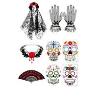 Day of The Dead Women Costume Gothic with Rose Veil Halloween 5 Piece