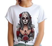 Day of The Dead Women T-Shirt Striking Makeup Design with Red Roses Women's Fashion Statement #D White 10