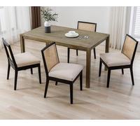 DAYALANE Mid-Century Dining Chairs Set of 4, Rattan Chair with Backrest and Upholstered Linen Seat, Wooden Accent chairs for Dining Room Kitchen Living Room Black