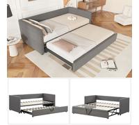 Daybed Linen Upholstered Bed 3ft Single Bed Frame with Trundle Bed Guest Bed
