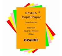 Dayglo Fluorescent 100gsm A4 Paper, 100 Sheets, 5 Colours, Red, Green, Orange, Pink, Red, Yellow (Orange)